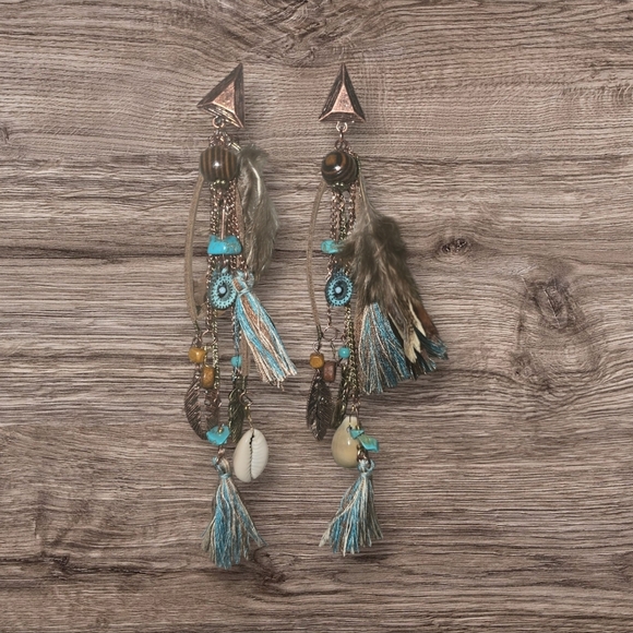Bohemian Feather/Beaded Dangle Earrings - Turquoise and Brown - Picture 2 of 4
